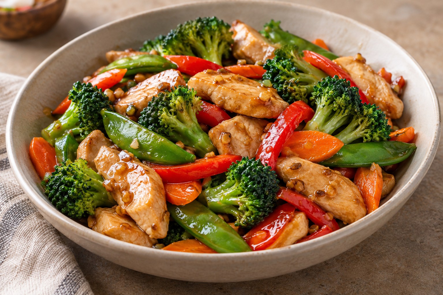 Chicken stir-fry with broccoli, bell pepper, snap peas, carrots, and ginger soy sauce