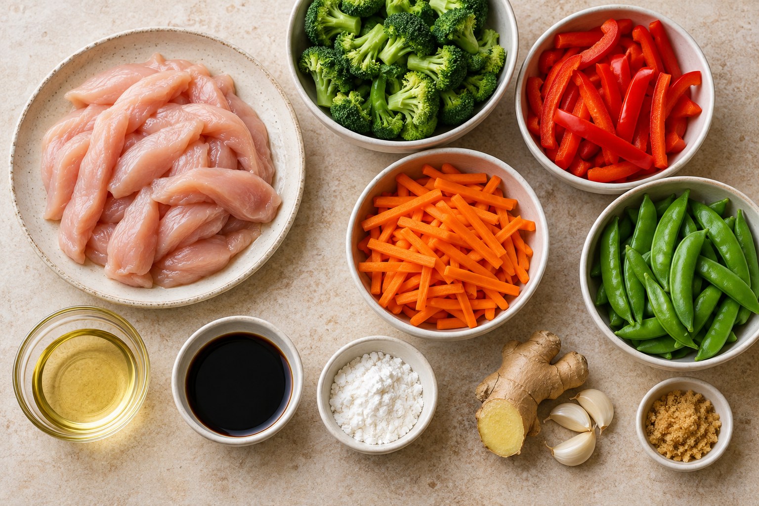 Sliced chicken, broccoli, bell pepper, snap peas, carrots, soy sauce, ginger, and garlic for stir-fry