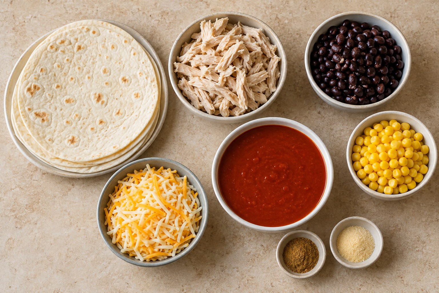 Tortillas, cooked chicken, black beans, corn, enchilada sauce, cheese, and spices for chicken enchiladas
