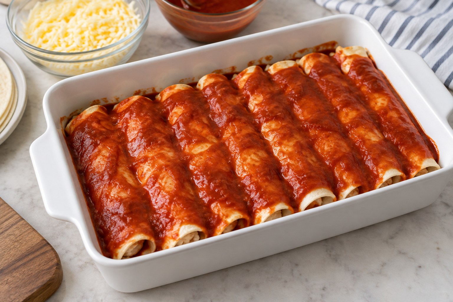 Filled chicken enchiladas arranged seam-side down in a baking dish