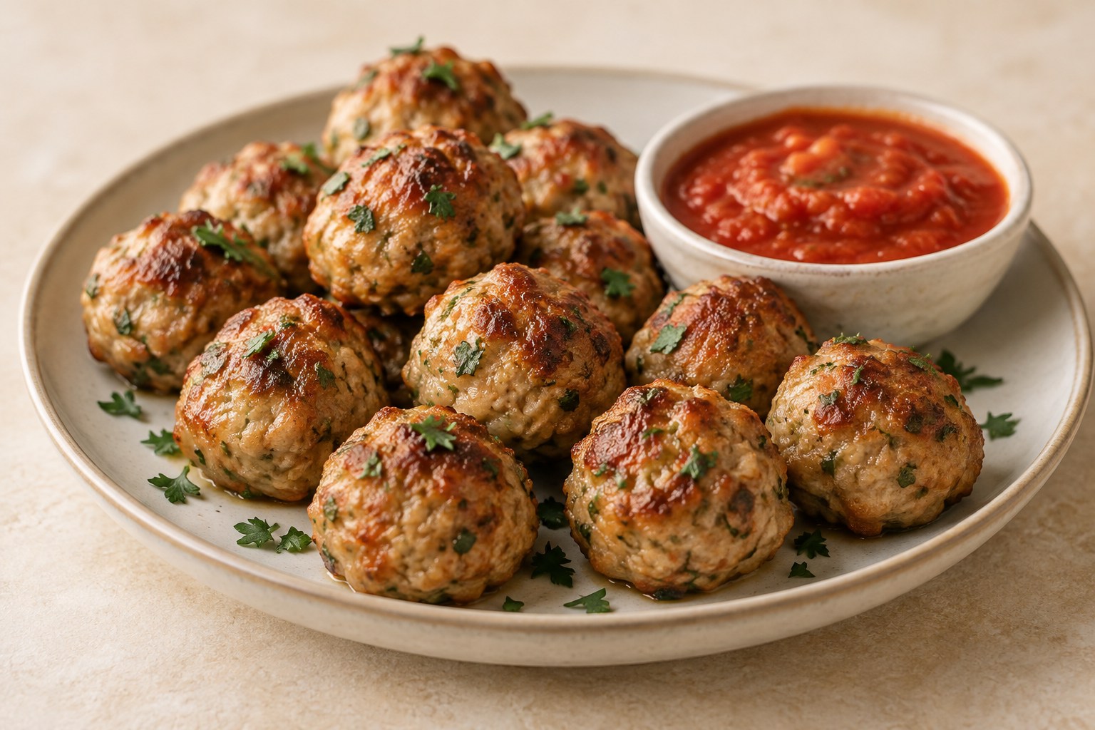 Freezer-friendly baked turkey meatballs served with marinara and parsley