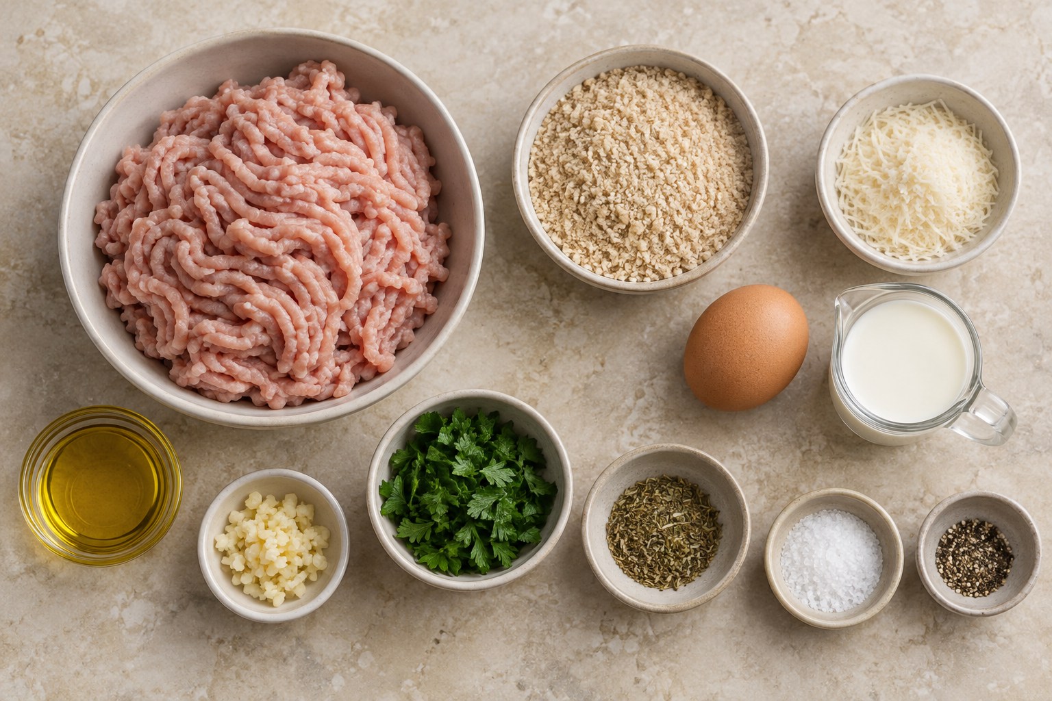 Ground turkey, breadcrumbs, Parmesan, egg, milk, garlic, and herbs for freezer-friendly meatballs