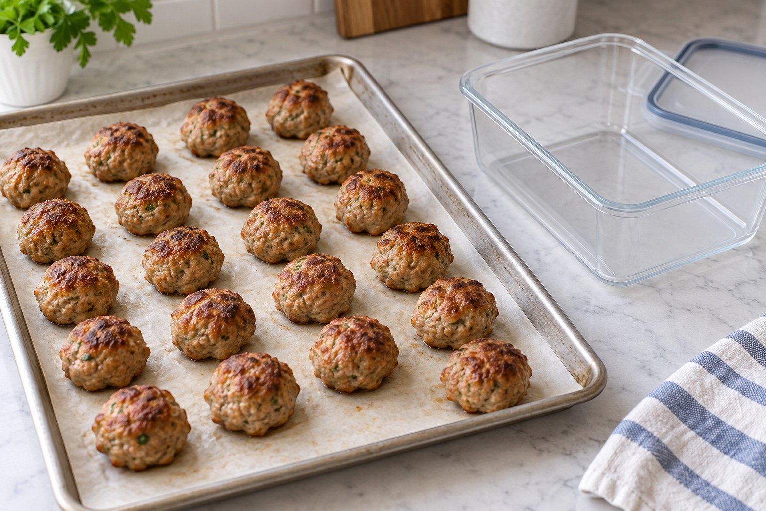 Baked turkey meatballs cooling in a single layer before freezing