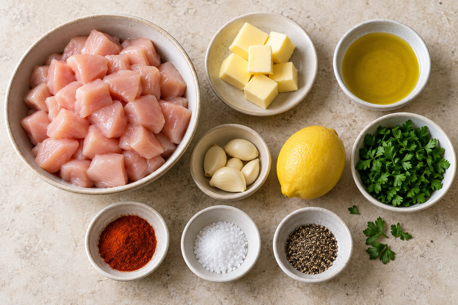 Diced chicken, butter, garlic, lemon, parsley, paprika, and olive oil for garlic butter chicken bites