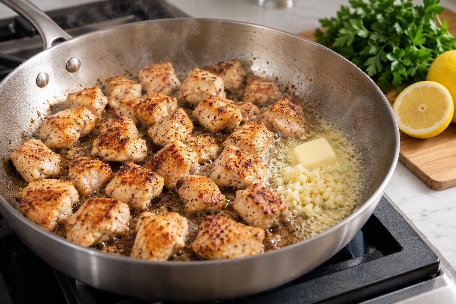 Bite-size chicken pieces browning in a skillet before garlic butter is added