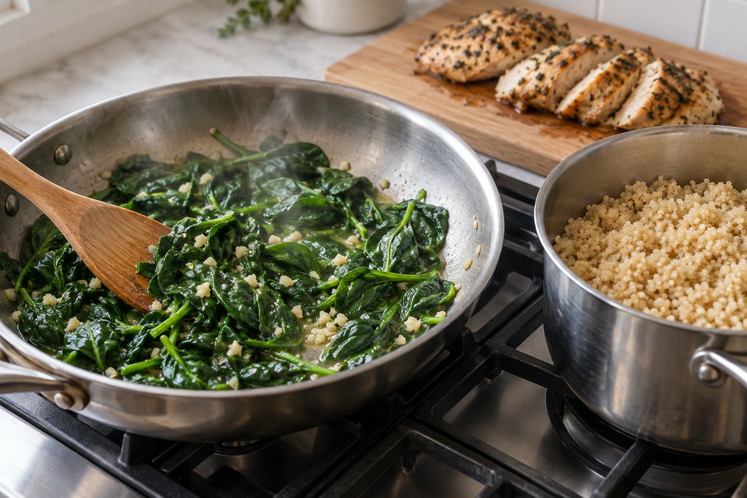 Garlic and spinach being stirred into cooked quinoa beside rested herb chicken