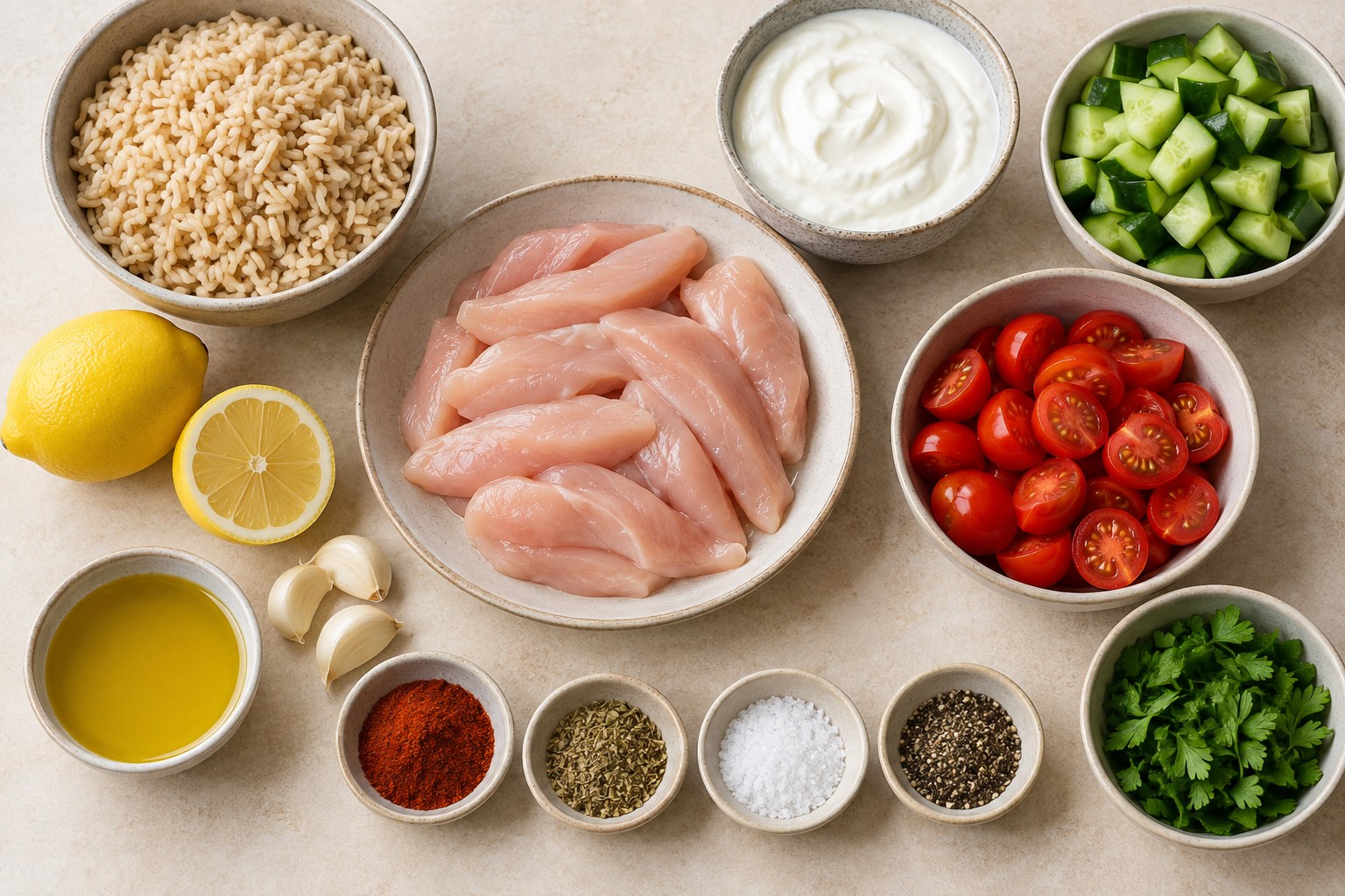 Chicken, brown rice, Greek yogurt, cucumber, tomatoes, lemon, and herbs for Greek yogurt chicken bowls