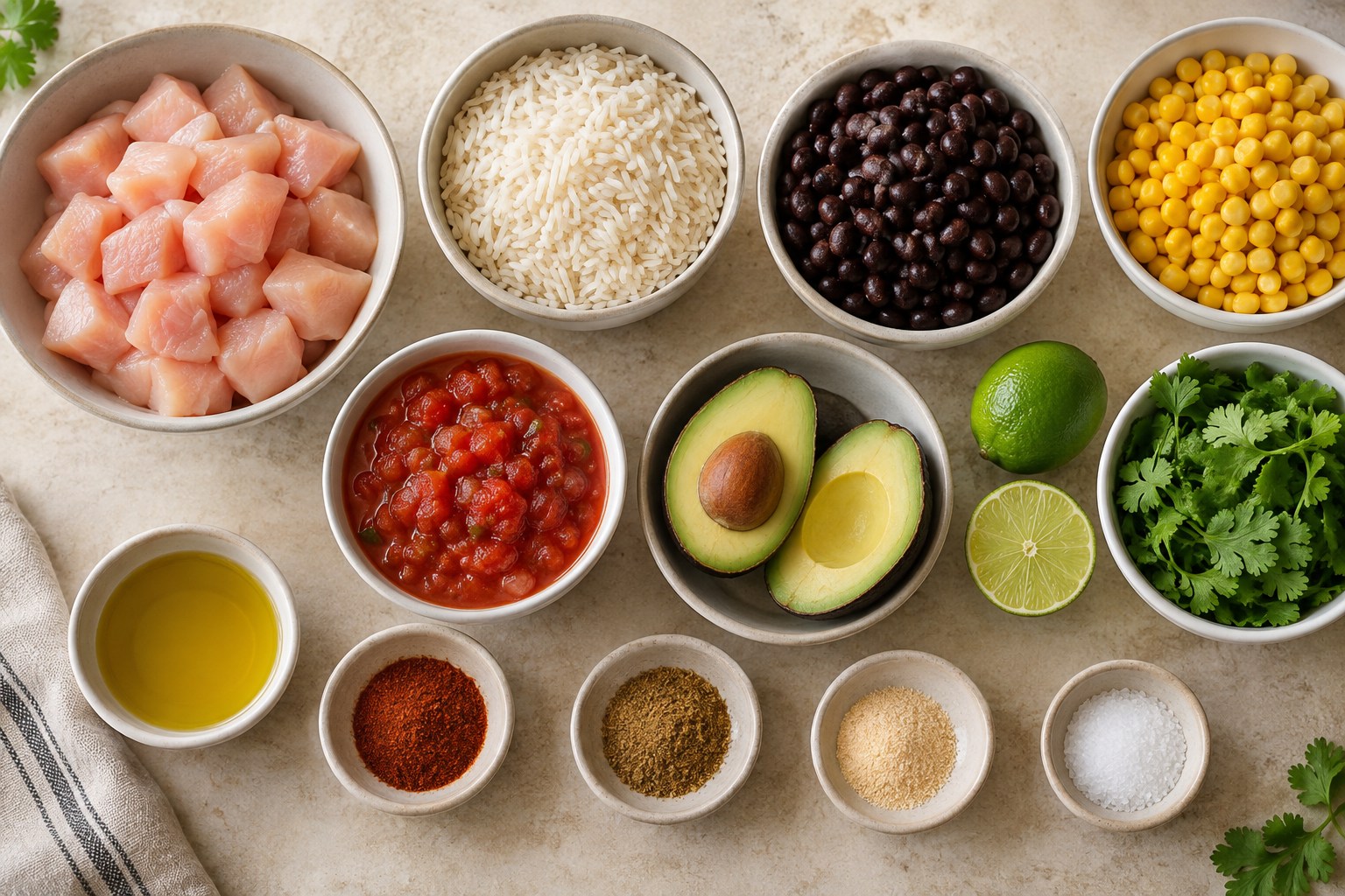 Chicken, rice, black beans, corn, salsa, avocado, lime, and spices for chicken burrito bowls