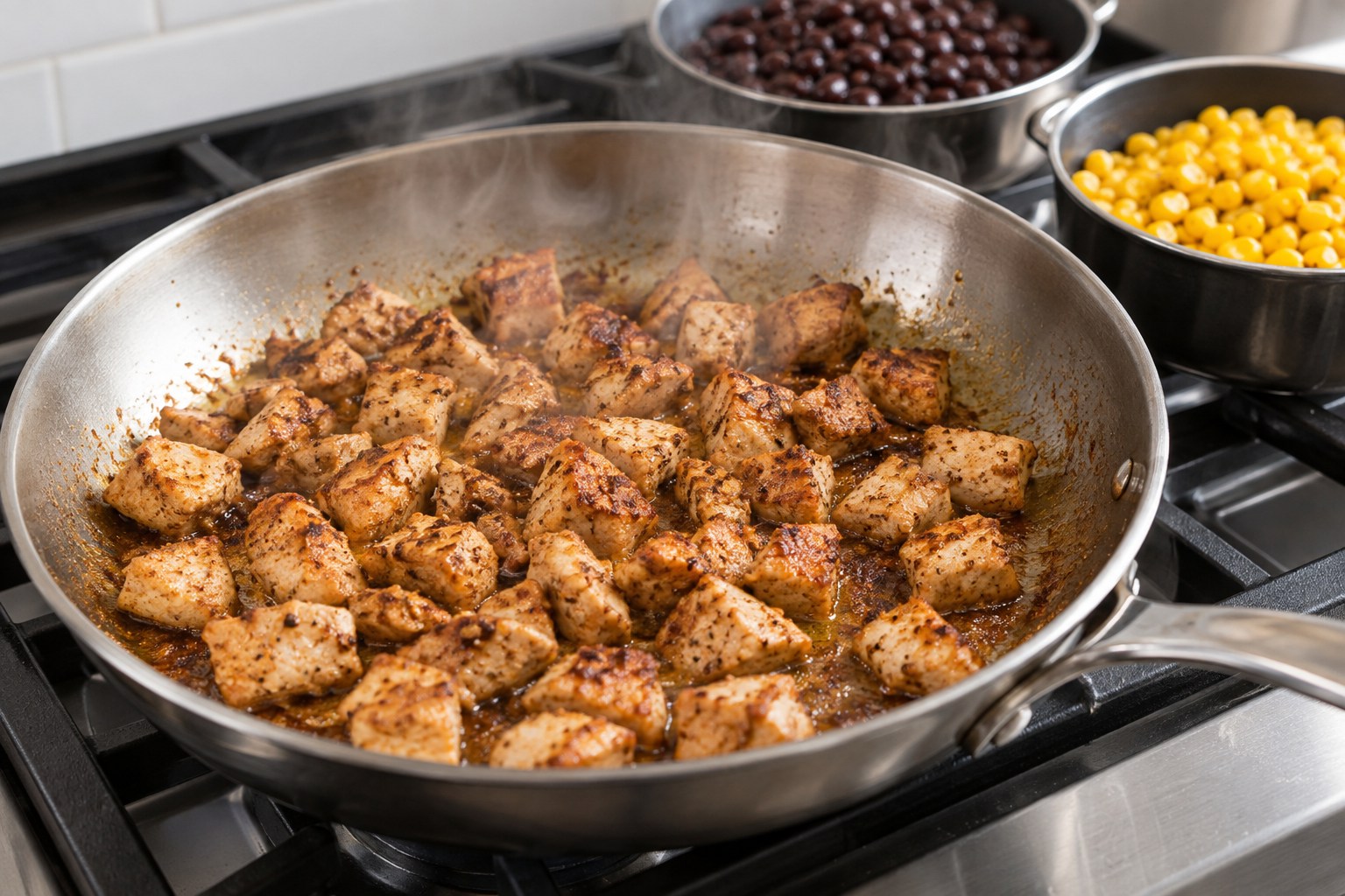 Diced seasoned chicken cooking in a skillet for chicken burrito bowls