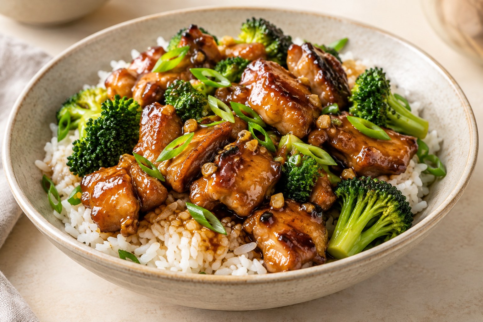 Honey garlic chicken and jasmine rice served with broccoli and green onions