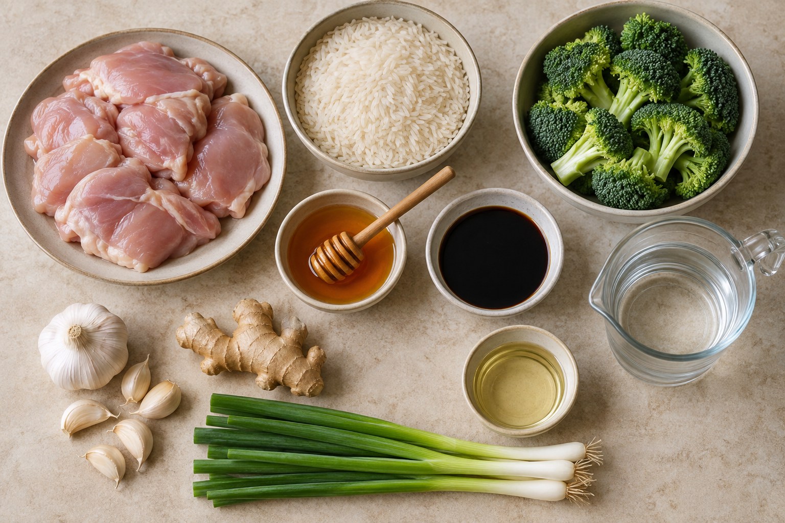 Chicken thighs, jasmine rice, broccoli, honey, soy sauce, garlic, ginger, and green onions