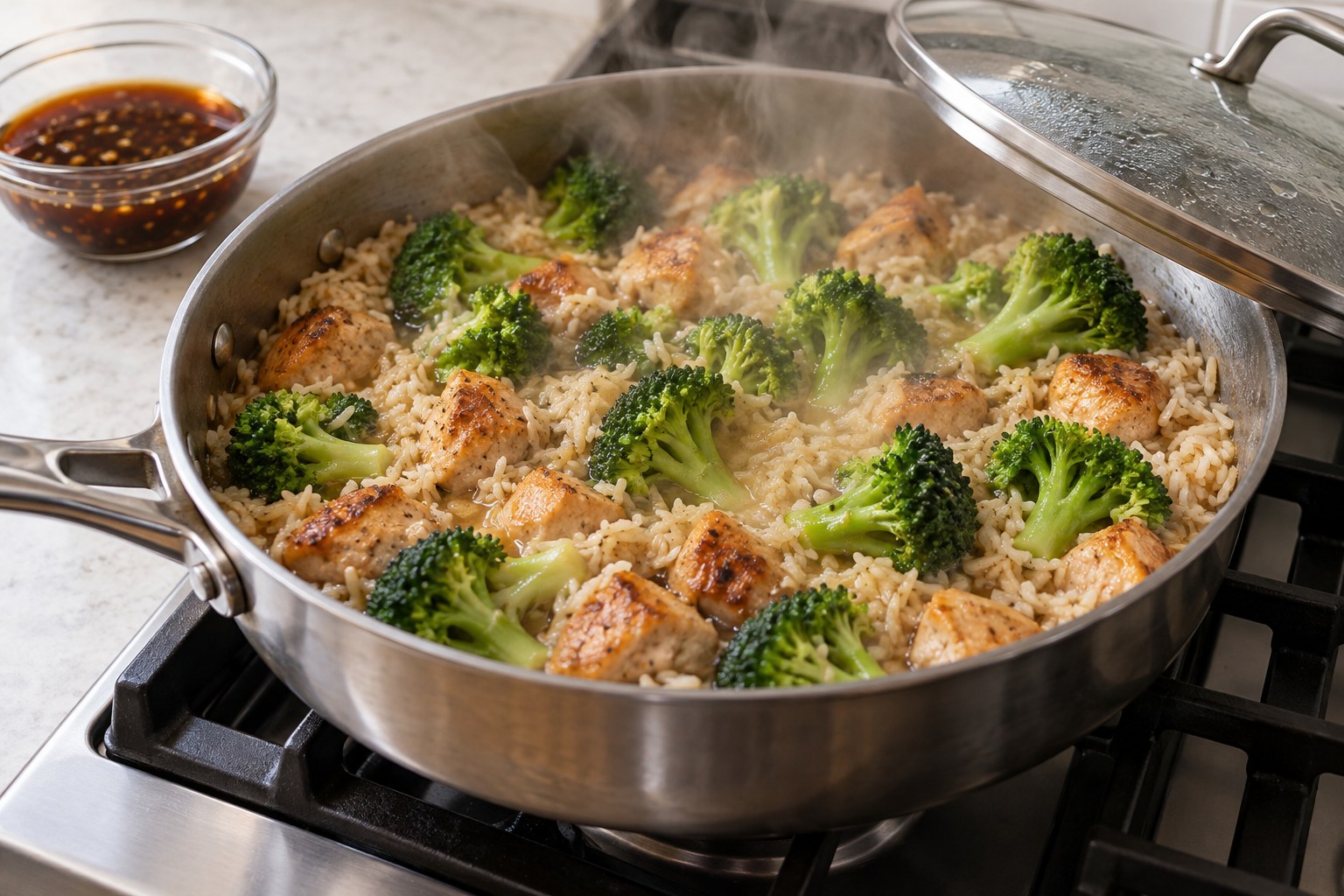 Chicken and rice simmering in a covered skillet for honey garlic chicken and rice