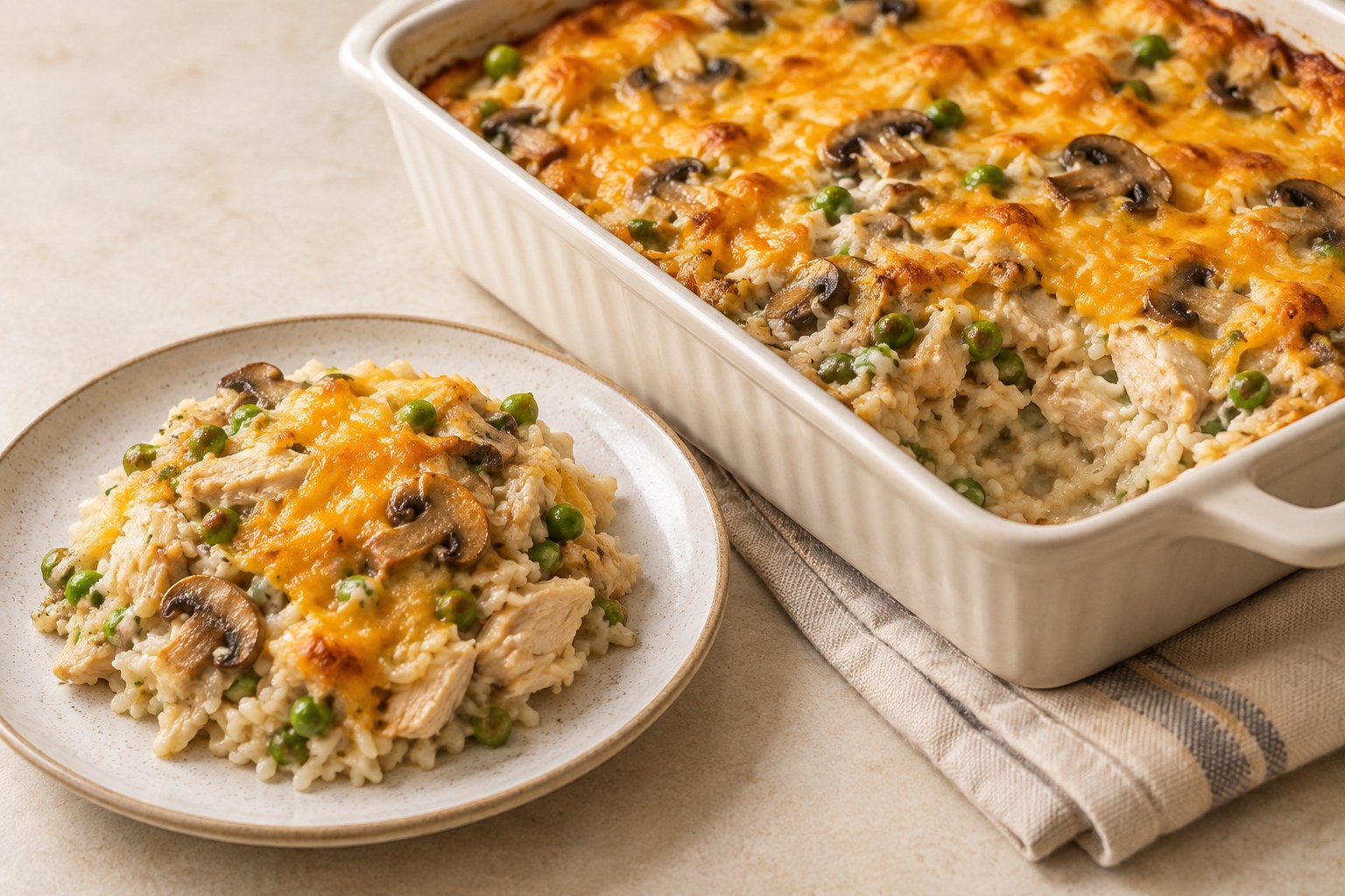 Make-ahead chicken and rice casserole with mushrooms, peas, and melted cheddar