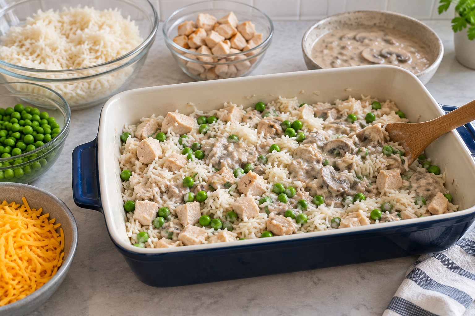 Chicken, rice, mushroom sauce, and peas being combined in a casserole dish