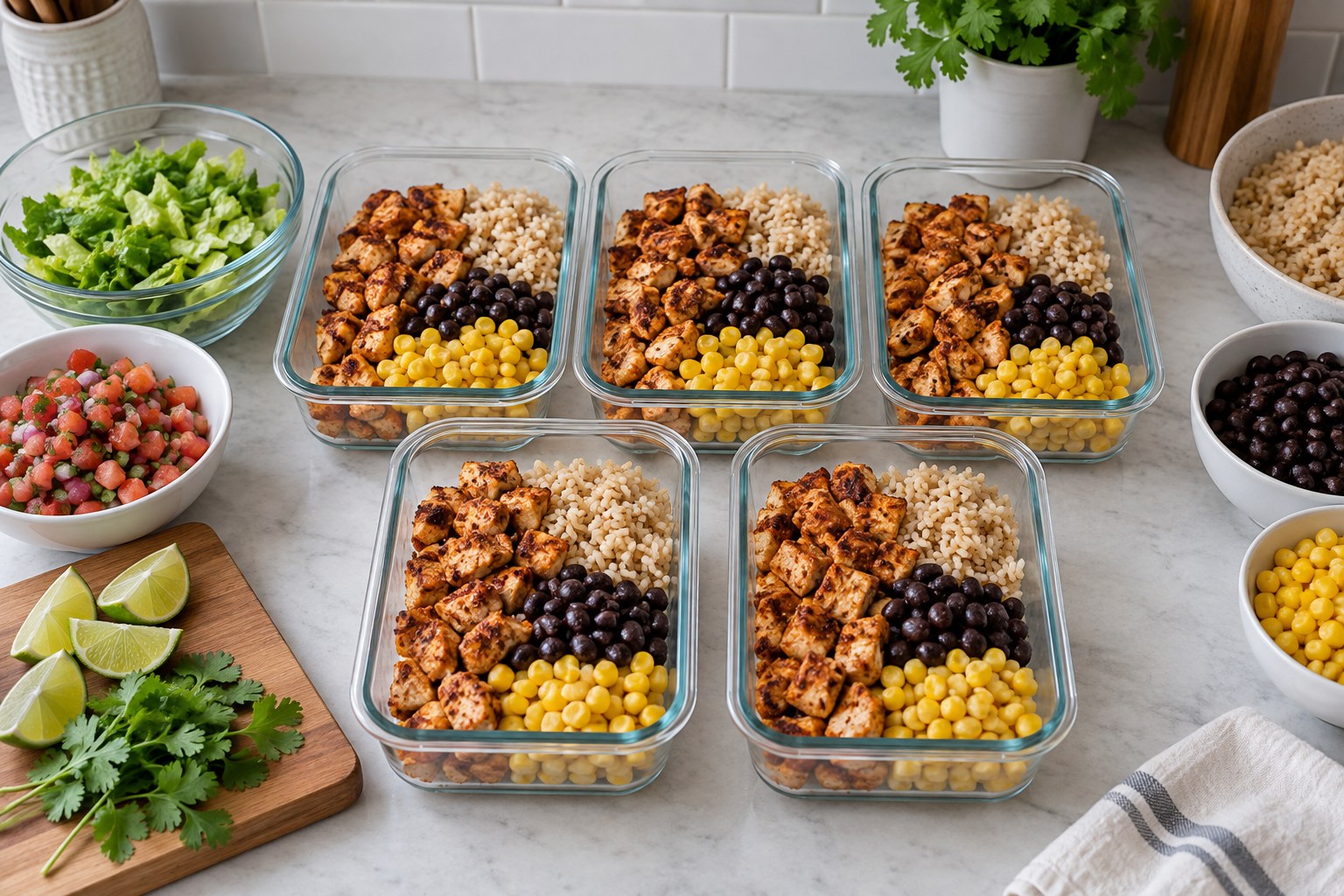 Cooked chicken, rice, beans, and corn being portioned into meal prep containers