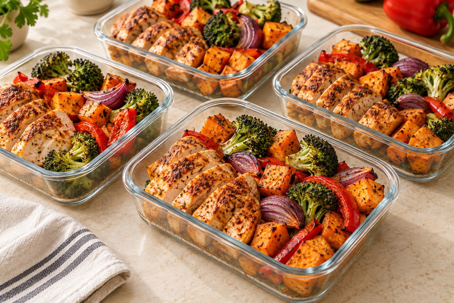 Meal prep sheet-pan chicken with roasted sweet potatoes, broccoli, peppers, and red onion