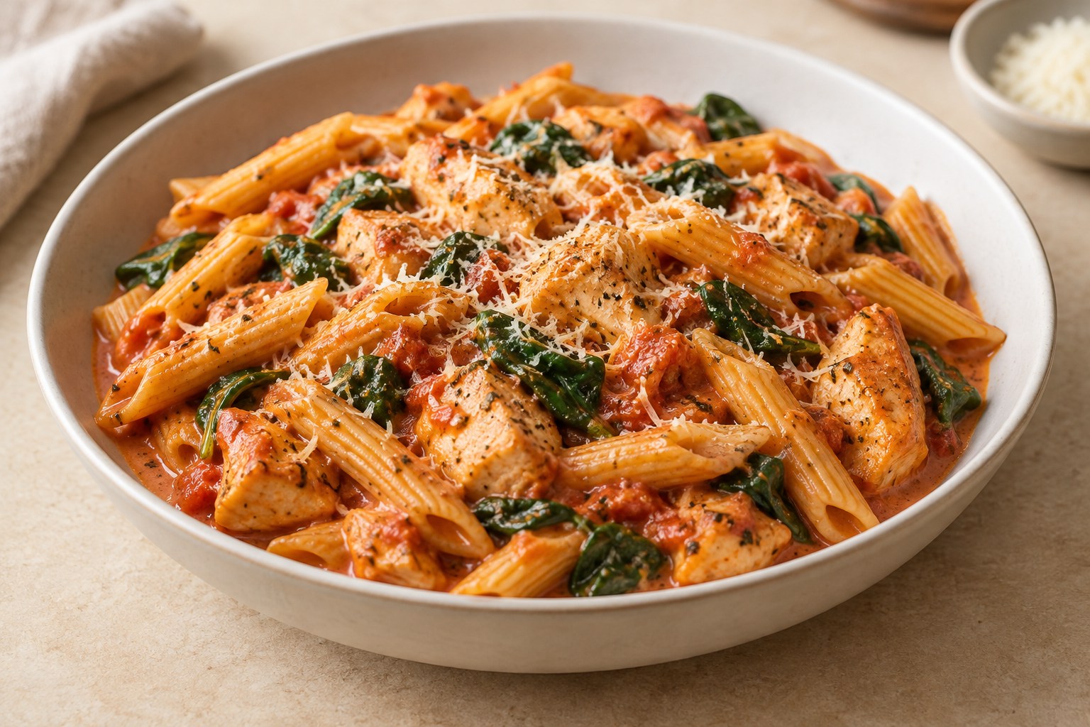 Creamy tomato chicken pasta with spinach and Parmesan in a shallow bowl