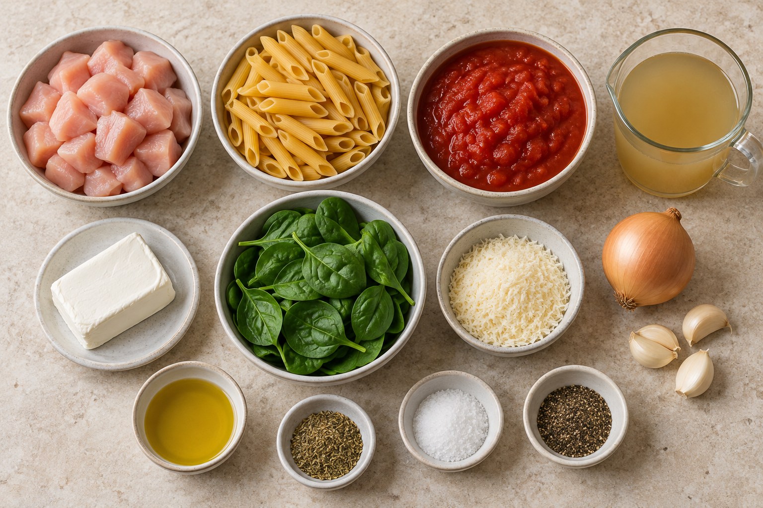 Chicken, penne, crushed tomatoes, broth, cream cheese, spinach, and Parmesan for one-pot pasta