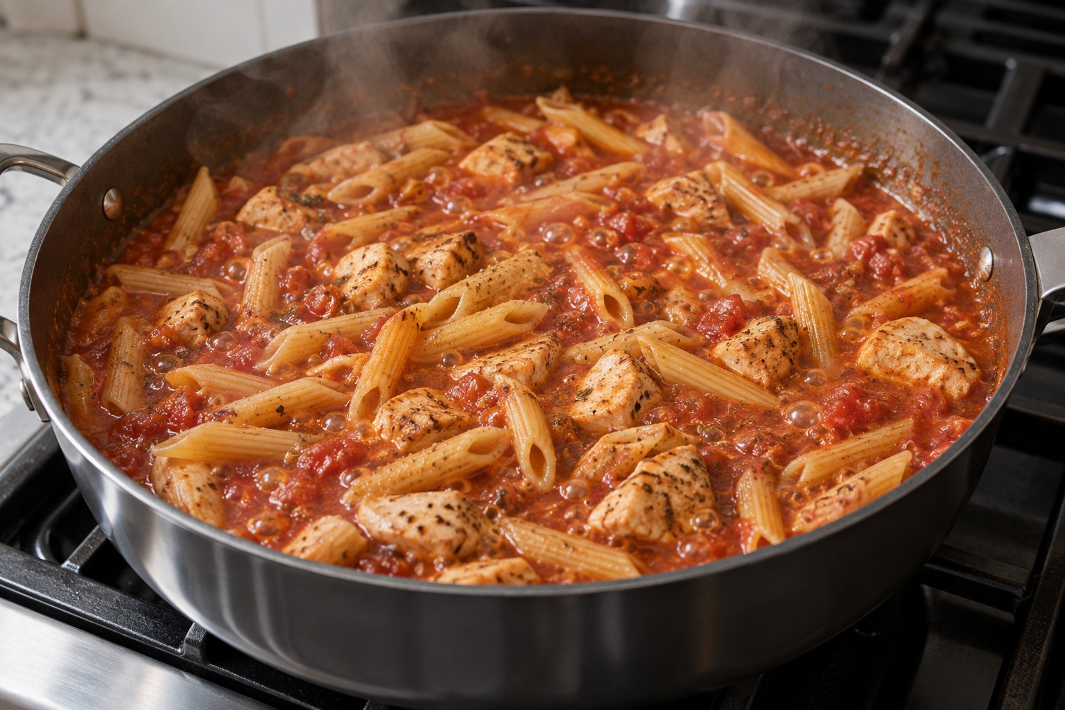 Penne simmering with chicken and tomato broth in one pot