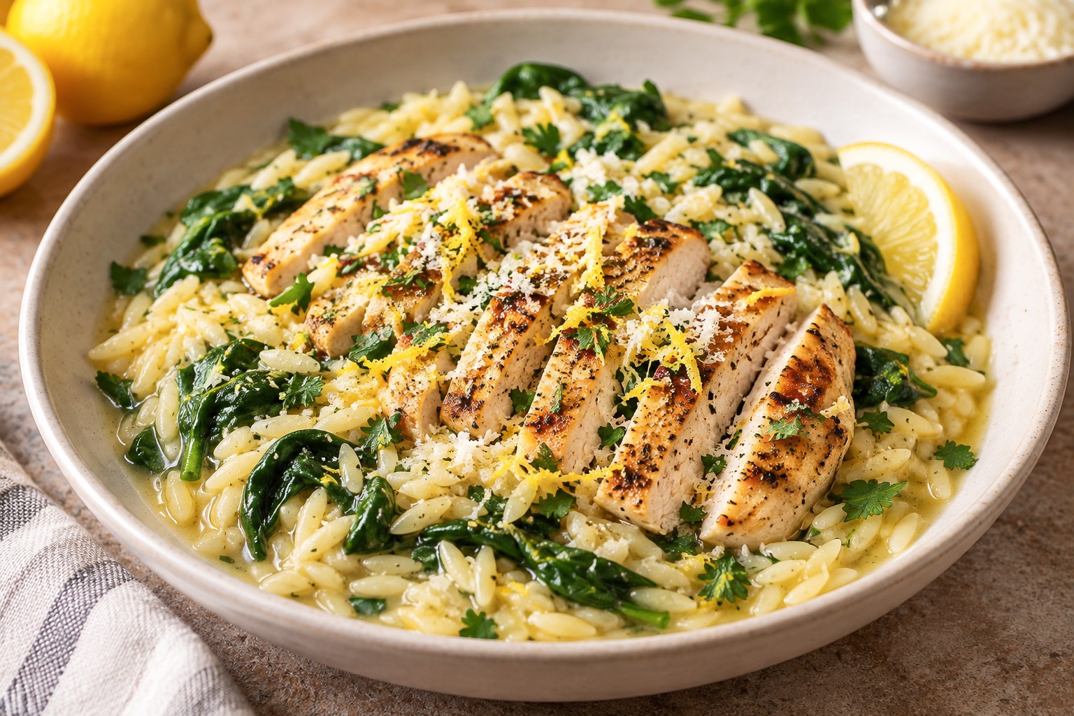 Lemon chicken orzo with spinach, Parmesan, and fresh parsley