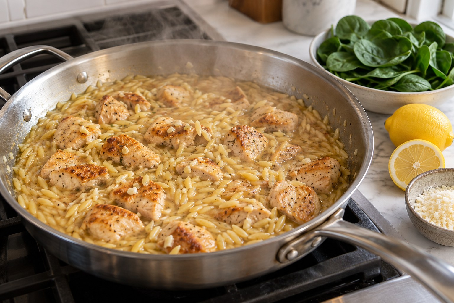 Orzo simmering in broth with browned chicken in a skillet