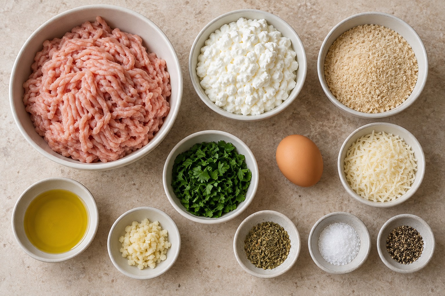 Ground turkey, cottage cheese, breadcrumbs, Parmesan, egg, garlic, and herbs for turkey meatballs