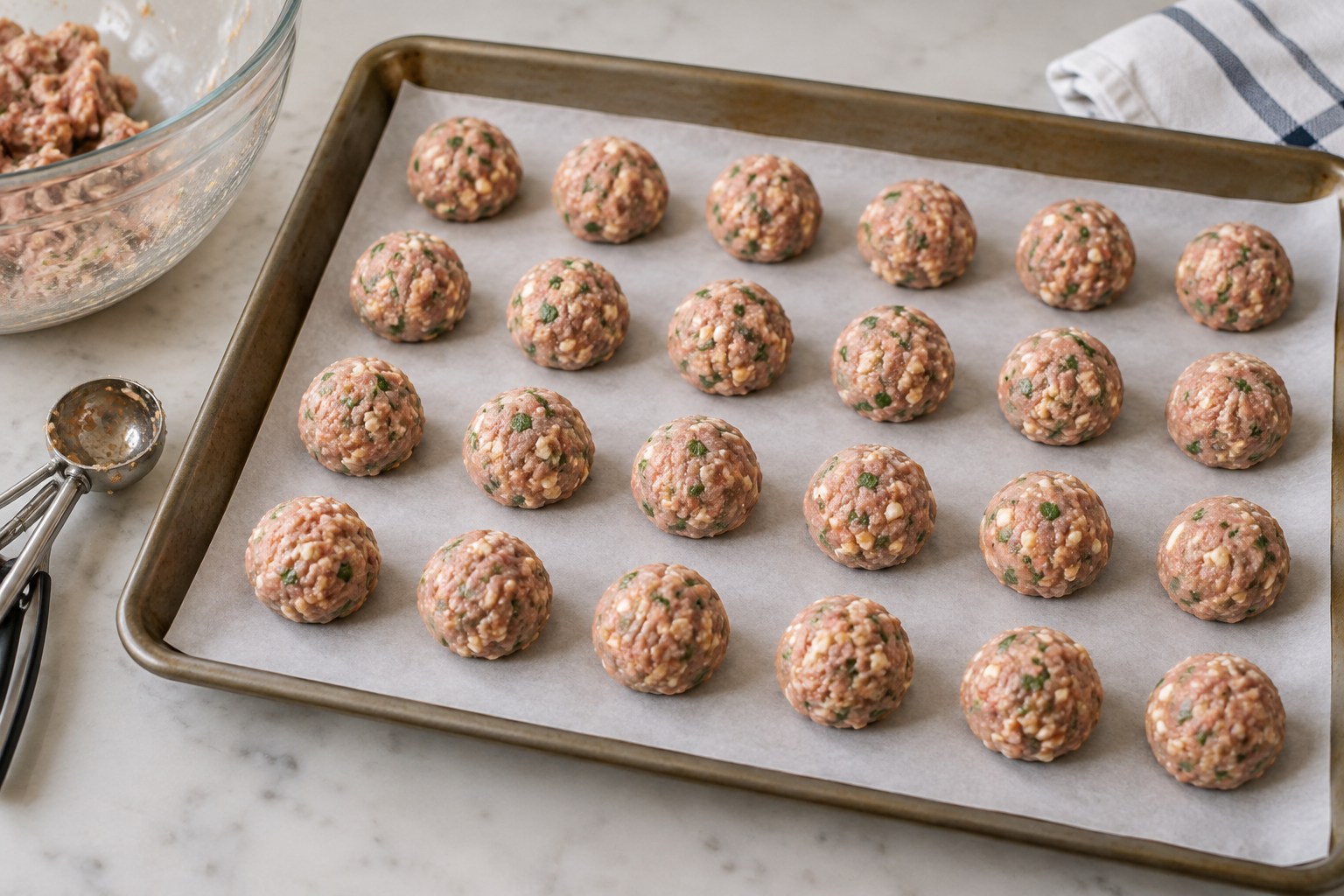 Portioned turkey cottage cheese meatballs arranged on a lined sheet pan before baking